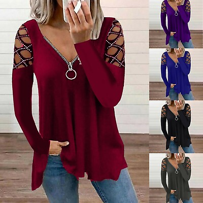 #ad Women Zipper V Neck Hollow Sleeve Rhinestone Solid Tunic Blouse Pullover T Shirt $19.02