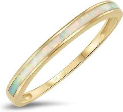#ad 10K Solid Yellow Gold White Opal Inlay Band Ring Size : 9 $14.99