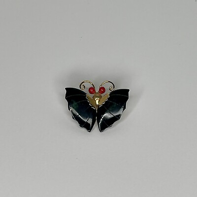 #ad VTG Hand Carved Gold Tone Jade and Coral Butterfly Brooch Pin Pendant $19.99