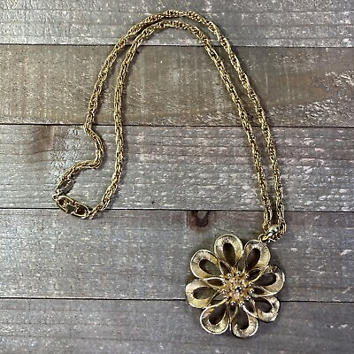 #ad Signed Roget Vintage Pendant Gold Tone Chunky Flower Burst on Necklace $15.00