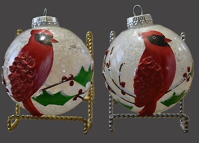 #ad 2 Lg 5” Plastic Embellished Cardinal w Holly Christmas Tree Ornament Ball $19.99