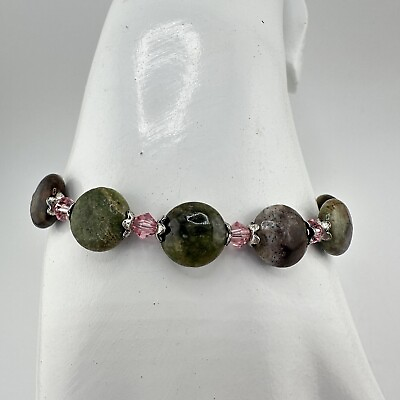 #ad 6.5” Silver Tone Unakite Pink Crystal Handmade Beaded Toggle Bracelet $10.00