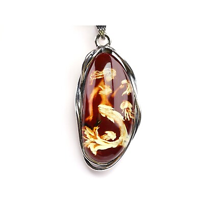 #ad Sterling Silver Mermaid Pendant Hand Carved Amber Reverse Intaglio Necklace $171.00