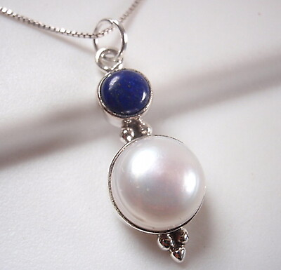 #ad Cultured Pearl and Lapis Cabochon 925 Sterling Silver Necklace $22.99