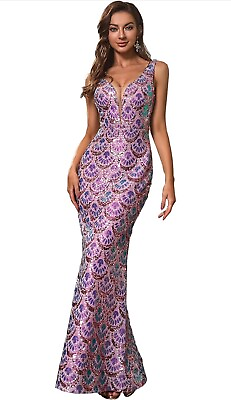 #ad Angel fashions Women#x27;s V Neck Splicing Tulle Pattern Long Sequin Elegant M $85.98