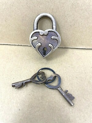 #ad Padlock Small Victorian Heart Shaped Brass Lock Antique Finish with 2 Keys $17.00