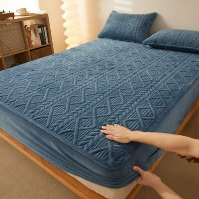 #ad Plush Thicken Quilted Mattress Cover Warm Crystal Cotton Bedsheet Fitted Sheet $128.40