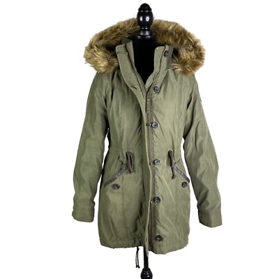 #ad Abercrombie amp; Fitch Utility outerware green cargo coat with faux fur hood medium $69.30