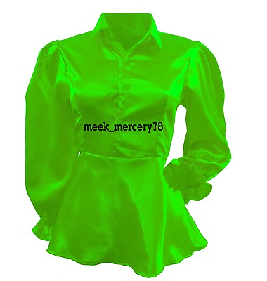 #ad Peplum Top Satin Fluroscent Green Victorian Shirt Boho Shirt Office Wear S86 $31.25