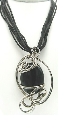 #ad Artisan Large 925 Sterling Silver Wire Wrapped Onyx Pendant Cord Necklace 18quot; $49.99