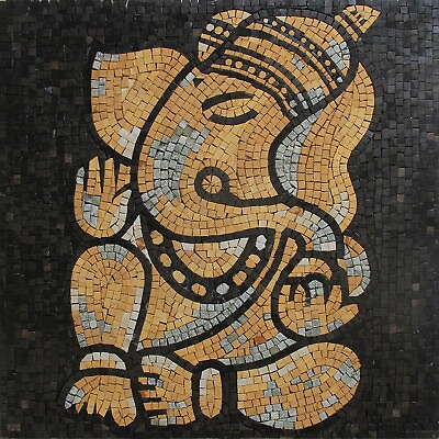 #ad Mosaic Marble Ganesh Elephant Yellow and Black Tile Art $324.00