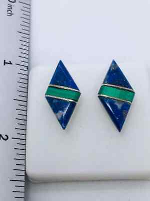 #ad 925 Solid Sterling Silver Genuine Lapis with Malachite Post Earrings $79.99