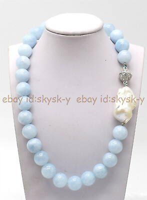 #ad Natural Aquamarine Round Gems Beaded White Keshi Baroque Pearl Necklace 6 14mm $22.37