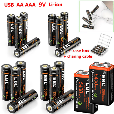#ad EBL Rechargeable 1.5V AA AAA 9V 6F22 Lithium Batteries USB Li ion Battery Lot $19.99