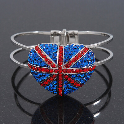 #ad Diamante Union Jack #x27;Heart#x27; Hinged Bangle In Silver Plating Up to 19cm Wrist GBP 32.00