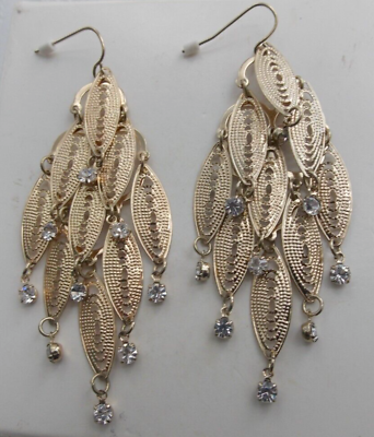 #ad Gold Tone Clear Rhinestone Ovals Dangle Pierced Earrings #G21 $9.75