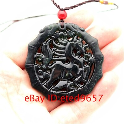 #ad Gifts Amulet Black Green Jade Necklace Horse Obsidian Jewelry Natural Pendant $8.18