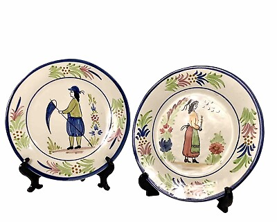 #ad Henriot Quimper Faience Mistral Campagne 2 Salad Plate Man Woman Round 8.5” $38.50