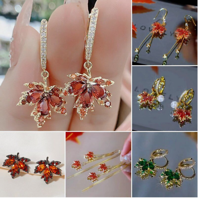 #ad Fashion Red Maple Leaf Crystal Zircon Stud Earrings Women Drop Dangle Jewelry NE $9.86