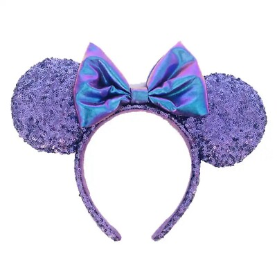 #ad Disney Minnie Mouse Headband Ears Purple Sequin Blue Purple Bow $16.99