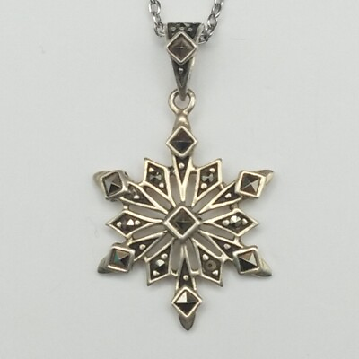 #ad VTG 925 Sterling Silver amp; Marcasite Stone Snowflake Pendant w 18quot; 20quot; Necklace $14.79