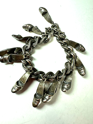 #ad Vintage Bracelet Charm Sterling Silver Shoes Double Link Chunky 7inches $80.00