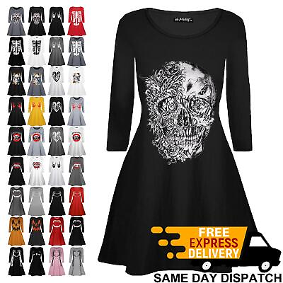 #ad Womens Ladies Halloween Costume Skull Print Round Neck Smock Flared Swing Dress GBP 8.39