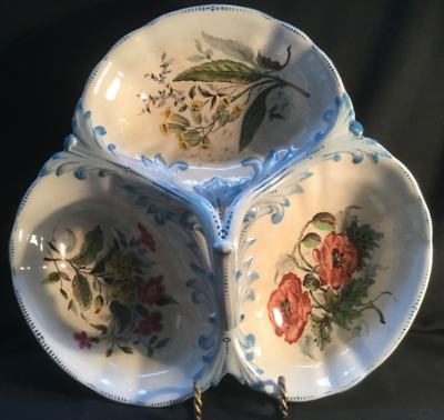 #ad Antique Sarreguemines 3 Lobed French Faience Handled Serving Plate c. 1875 $265.00