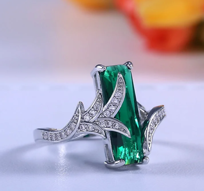 #ad Fancy Rectangle Shape Green Emerald amp; White Diamonds Leaf Design Prong Ring $270.00