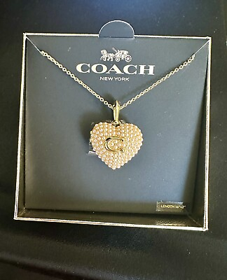 #ad Coach Puff Pearled Heart Locked Pendant Necklace Gold Plated Boxed $160.00