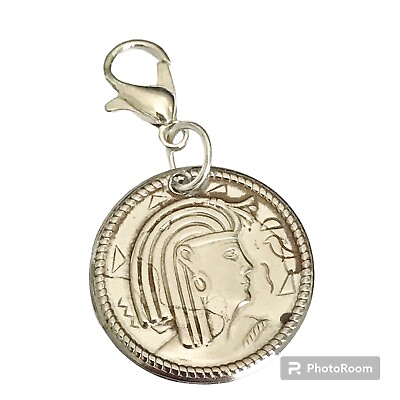 #ad Vintage Egyptian Coin Clip On Charm For Bracelet Silver Plated Egypt Lady Queen $7.99
