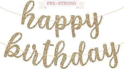 #ad Pre Strung Happy Birthday Banner NO DIY Gold Glitter Birthday Party Banner i $18.74