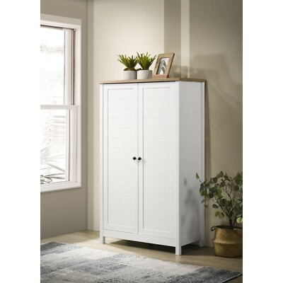 #ad Claire 35quot; White Storage Cabinet Oak Accent Finish Framed Slatted Panel Design $311.99