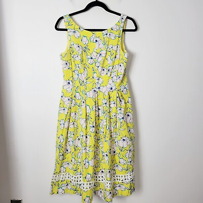 #ad Eliza J Size 8 Bright Yellow White Floral Pleated Sleeveless Fit Flare Dress $27.22