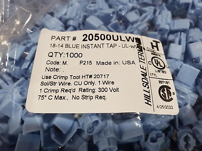 #ad Hillsdale Terminal 18 14 Blue Instant Tap UL Listed w wire stop 1000 pcs USA $85.00