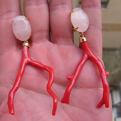 #ad Earrings real red coral branch rose quartz set in silver 925 size 55mm long $165.99