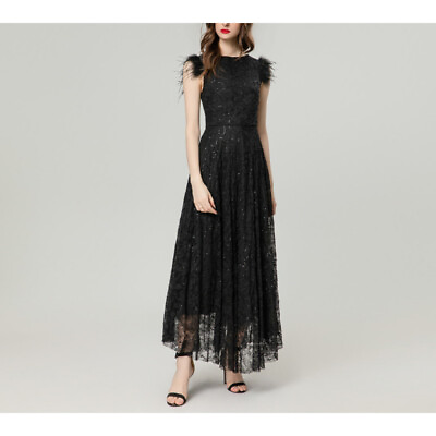 #ad Spring Women Elegant Slim fit Dress Crewneck Sleeveless Feather Cuff Lace Skirt $147.06
