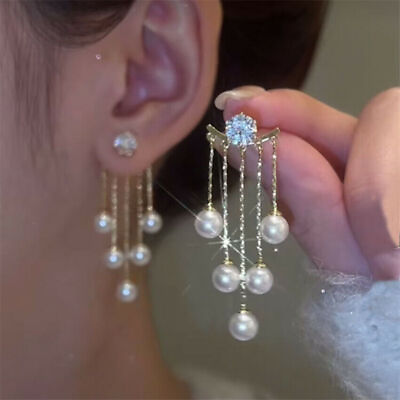 #ad 925 Sliver Fashion Pearl Long Tassel Crystal Earrings Dangle Women Jewelry Gift C $4.13