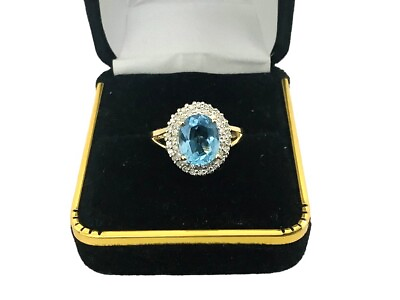 #ad 14k Gold Blue Topaz Diamonds Gemstone Statement Ring. Size 7 $448.20