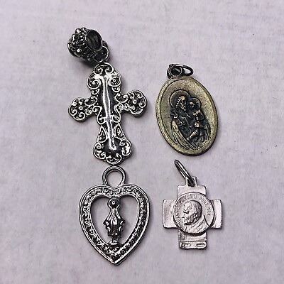 #ad Religious Charm Cross Pray For Us HEart Dangle Silver Tone Italy Set of 4 $12.29
