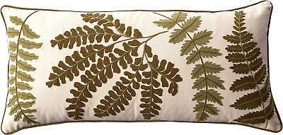 #ad Creative Co Op White Rectangle Cotton Pillow with Embroidered Green Ferns $148.68