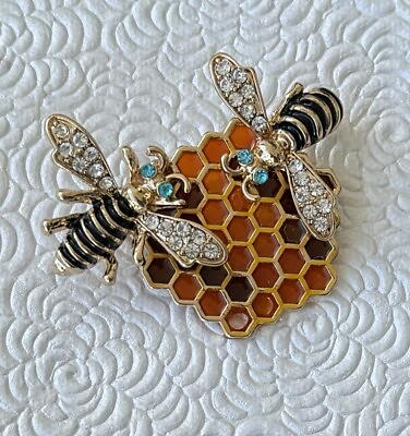 #ad Bees on honey comb vintage style large brooch enamel gold tone Metal $16.98