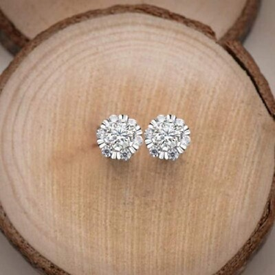 #ad Round Cut 2 CT Halo Solid 14K White Gold Moissanite Wedding Stud Earrings 4 Gift $224.07