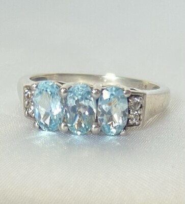 #ad Ratanakiri Blue Zircon 925 Sterling Silver Ring Trilogy Diamond Accent 1.14ct GBP 28.00