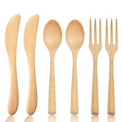#ad Wooden Cutlery Spoons Forks and Knives 6 Pieces Reusable Flatware Dinnerware... $20.62