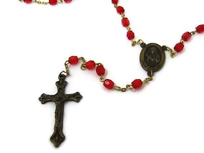 #ad Vintage Rosary Red Beads St. Therese Patonce Crucifix Cross Christian Catholic J $19.99