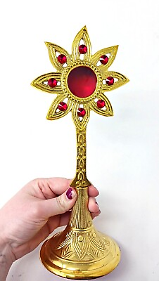 #ad High Polished Brass Sunburst Rhinestone Personal Reliquary for Churches 10.75 In $89.99