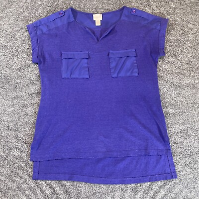 #ad Chicos Shirt Womens 0 Small 4 Purple Short Sleeve V Neck With Pockets $9.49