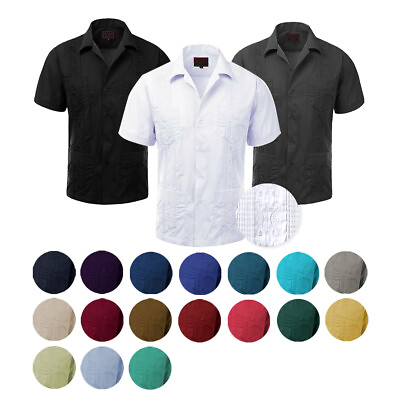 #ad Guayabera Men#x27;s Cuban Beach Wedding Short Sleeve Button Up Casual Dress Shirt $24.88