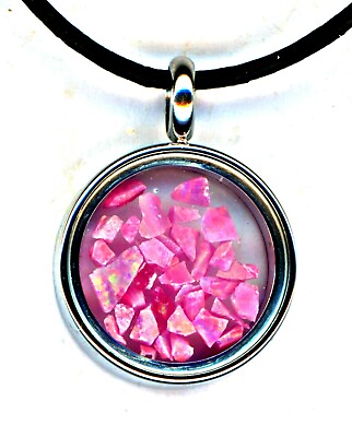 #ad FLOATING PINK OPAL CHIPS in silver glass Pendant leather cord and silver chain AU $19.95